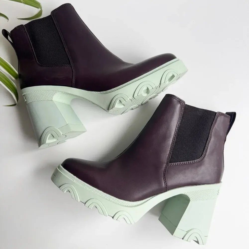 Sorel Brex Brown Leather Mint Green Chunky Lug Heel Ankle Boots Size 8.5